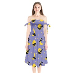 Bats With Yellow Moon Shoulder Tie Bardot Midi Dress by SychEva