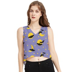 Bats With Yellow Moon V-neck Cropped Tank Top by SychEva