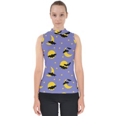 Bats With Yellow Moon Mock Neck Shell Top by SychEva