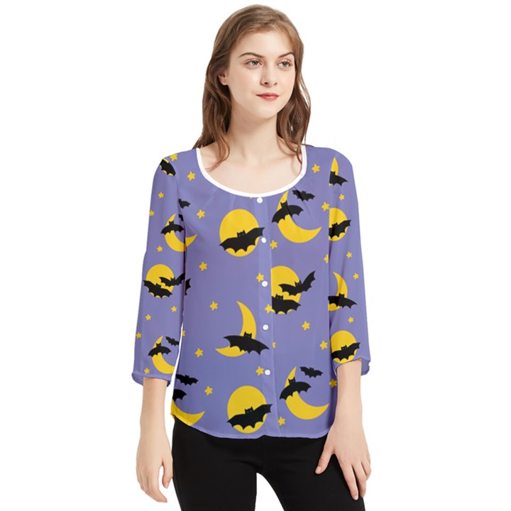 Bats With Yellow Moon Chiffon Quarter Sleeve Blouse