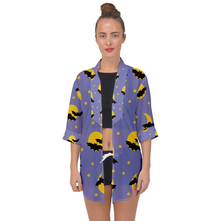 Bats With Yellow Moon Open Front Chiffon Kimono