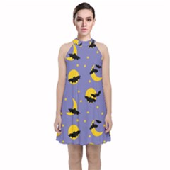 Bats With Yellow Moon Velvet Halter Neckline Dress  by SychEva