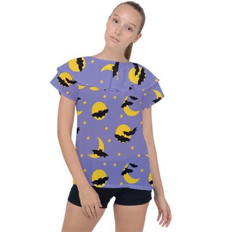 Bats With Yellow Moon Ruffle Collar Chiffon Blouse by SychEva