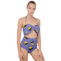 Bats With Yellow Moon Scallop Top Cut Out Swimsuit by SychEva