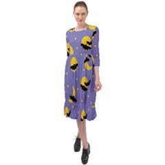 Bats With Yellow Moon Ruffle End Midi Chiffon Dress by SychEva