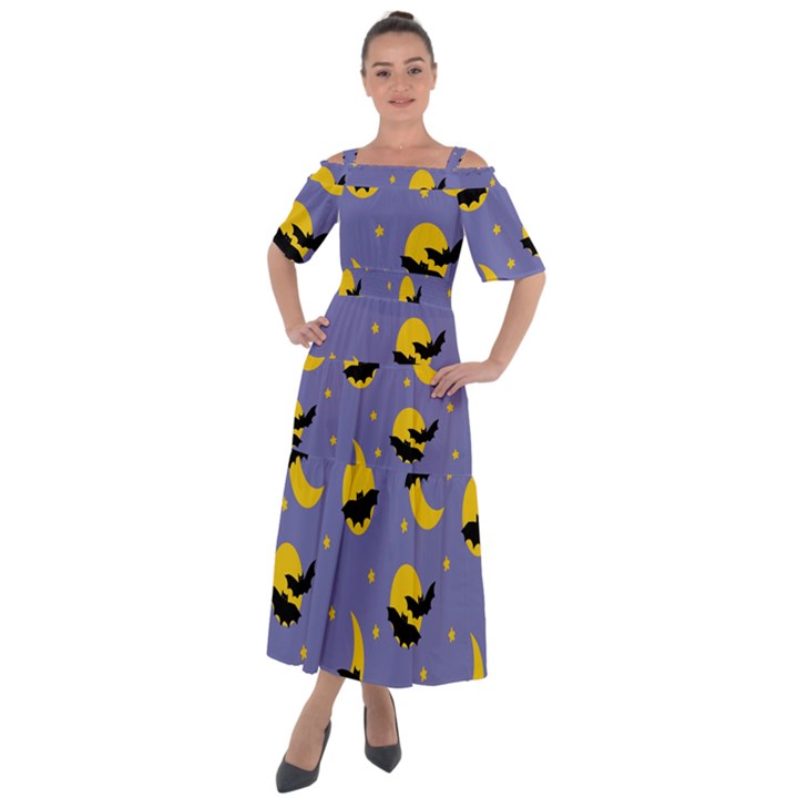 Bats With Yellow Moon Shoulder Straps Boho Maxi Dress 