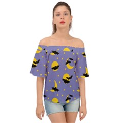 Bats With Yellow Moon Off Shoulder Short Sleeve Top by SychEva