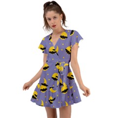 Bats With Yellow Moon Flutter Sleeve Wrap Dress by SychEva