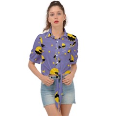 Bats With Yellow Moon Tie Front Shirt  by SychEva