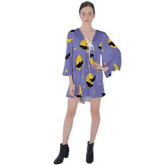 Bats With Yellow Moon V-neck Flare Sleeve Mini Dress by SychEva