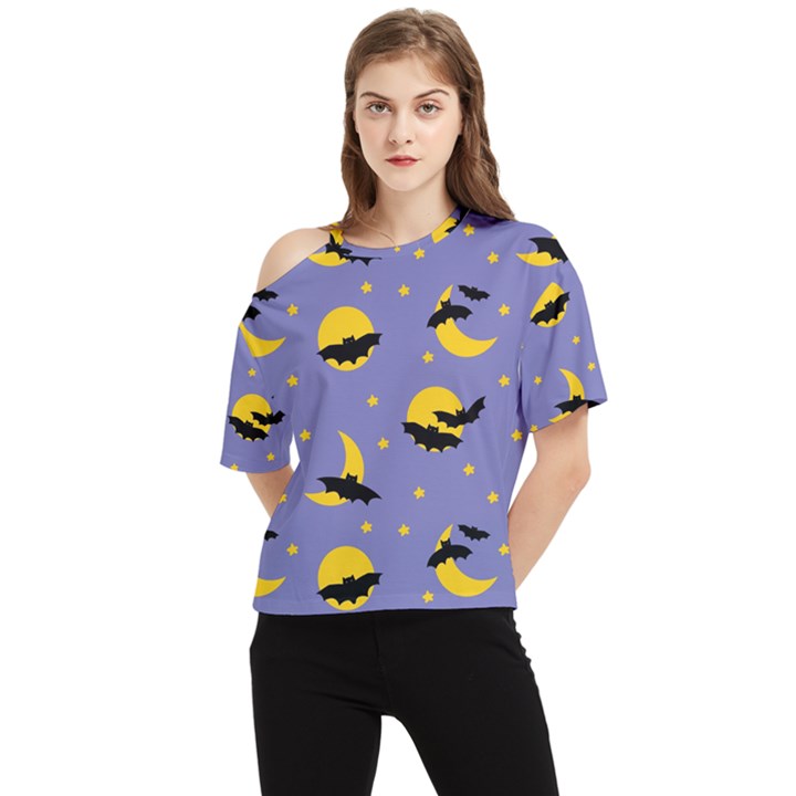 Bats With Yellow Moon One Shoulder Cut Out Tee