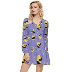 Bats With Yellow Moon Tiered Long Sleeve Mini Dress by SychEva