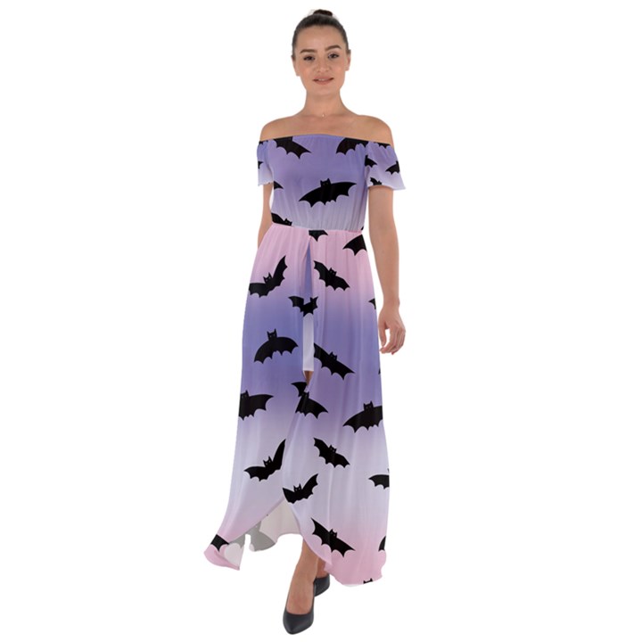 The Bats Off Shoulder Open Front Chiffon Dress