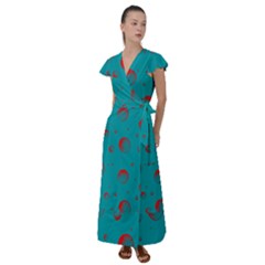 Red Drops Flutter Sleeve Maxi Dress by SychEva