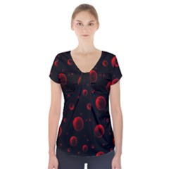 Red Drops On Black Short Sleeve Front Detail Top by SychEva