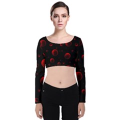 Red Drops On Black Velvet Long Sleeve Crop Top by SychEva