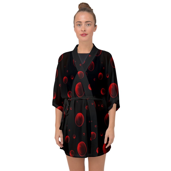 Red Drops On Black Half Sleeve Chiffon Kimono