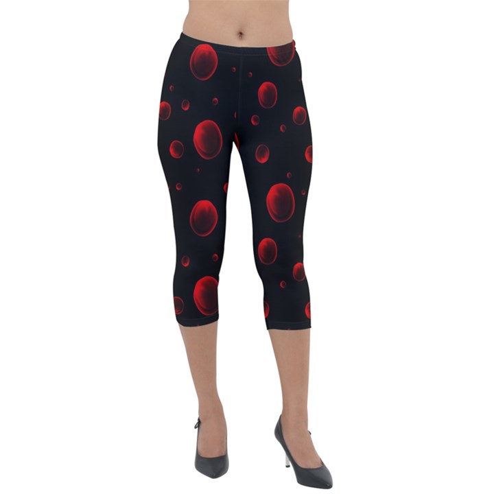 Red Drops On Black Lightweight Velour Capri Leggings 