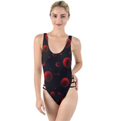 Red Drops On Black High Leg Strappy Swimsuit by SychEva