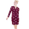 White Skulls On Red Shiny Background Button Long Sleeve Dress View1