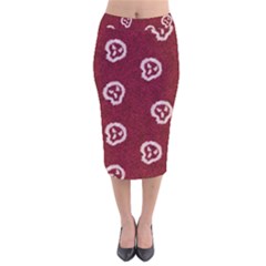 White Skulls On Red Shiny Background Velvet Midi Pencil Skirt by SychEva