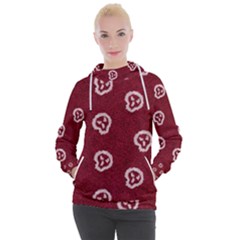 White Skulls On Red Shiny Background Women s Hooded Pullover by SychEva