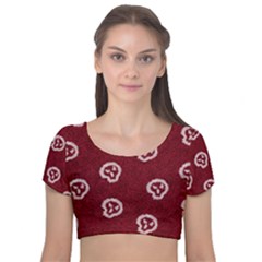 White Skulls On Red Shiny Background Velvet Short Sleeve Crop Top  by SychEva