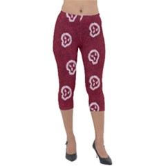 White Skulls On Red Shiny Background Lightweight Velour Capri Leggings  by SychEva