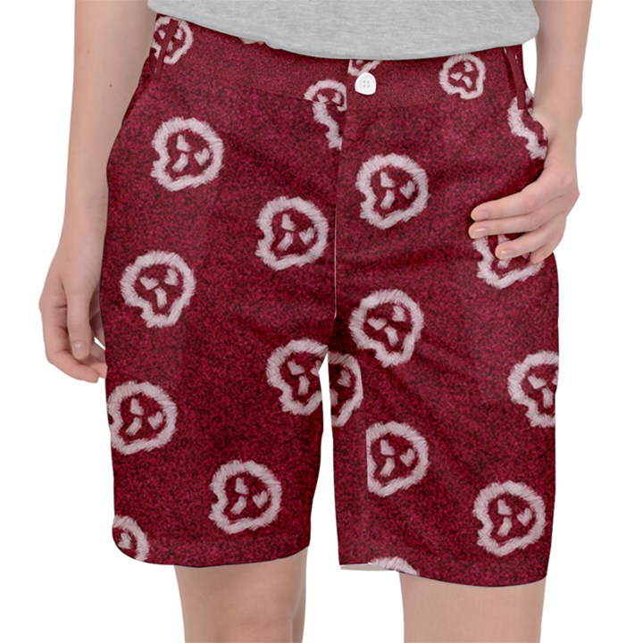 White Skulls On Red Shiny Background Pocket Shorts