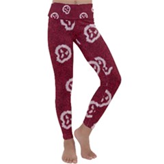 White Skulls On Red Shiny Background Kids  Lightweight Velour Classic Yoga Leggings by SychEva