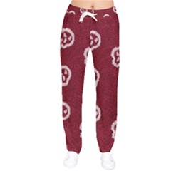 White Skulls On Red Shiny Background Women Velvet Drawstring Pants by SychEva