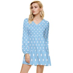 1950 Summer Sky Blue White Dots Tiered Long Sleeve Mini Dress