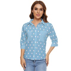 1950 Summer Sky Blue White Dots Women s Quarter Sleeve Pocket Shirt