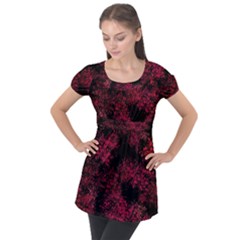 Red Abstraction Puff Sleeve Tunic Top by SychEva