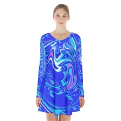  Blue Blue Sea Long Sleeve Velvet V-neck Dress