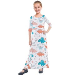 Funny Dinosaurs Kids Kids  Quarter Sleeve Maxi Dress