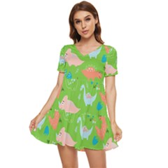 Funny Dinosaur Tiered Short Sleeve Mini Dress by SychEva