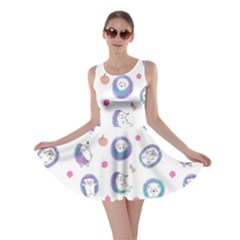 Cute And Funny Purple Hedgehogs On A White Background Skater Dress by SychEva