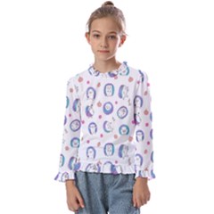 Cute And Funny Purple Hedgehogs On A White Background Kids  Frill Detail Tee