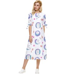 Cute And Funny Purple Hedgehogs On A White Background Bow Sleeve Chiffon Midi Dress