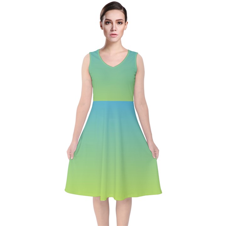 gradient blue green V-Neck Midi Sleeveless Dress 