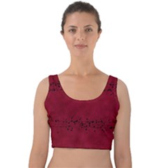 Black Splashes On Red Background Velvet Crop Top by SychEva