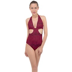 Black Splashes On Red Background Halter Front Plunge Swimsuit by SychEva