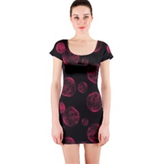 Red Sponge Prints On Black Background Short Sleeve Bodycon Dress by SychEva