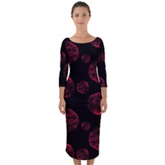 Red Sponge Prints On Black Background Quarter Sleeve Midi Bodycon Dress by SychEva