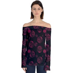 Red Sponge Prints On Black Background Off Shoulder Long Sleeve Top by SychEva