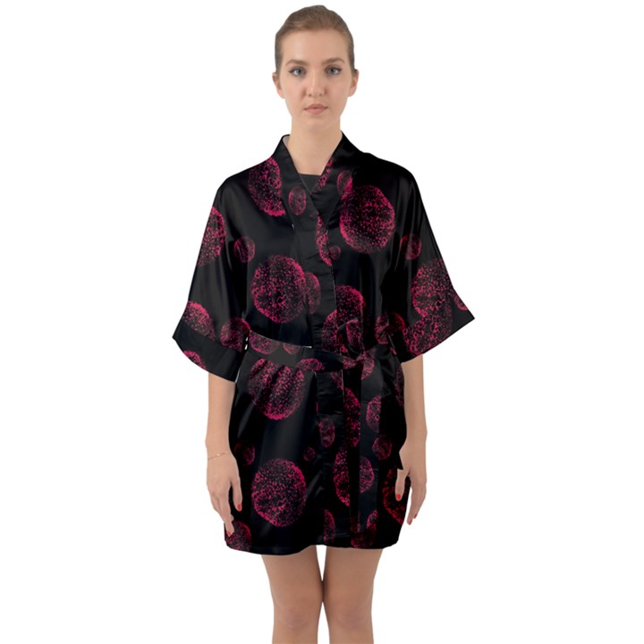 Red Sponge Prints On Black Background Half Sleeve Satin Kimono 