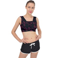 Red Sponge Prints On Black Background V-back Sports Bra by SychEva