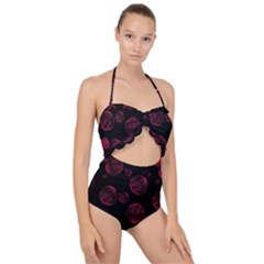 Red Sponge Prints On Black Background Scallop Top Cut Out Swimsuit by SychEva