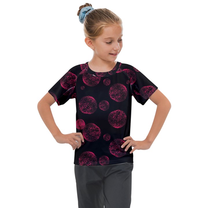 Red Sponge Prints On Black Background Kids  Mesh Piece Tee